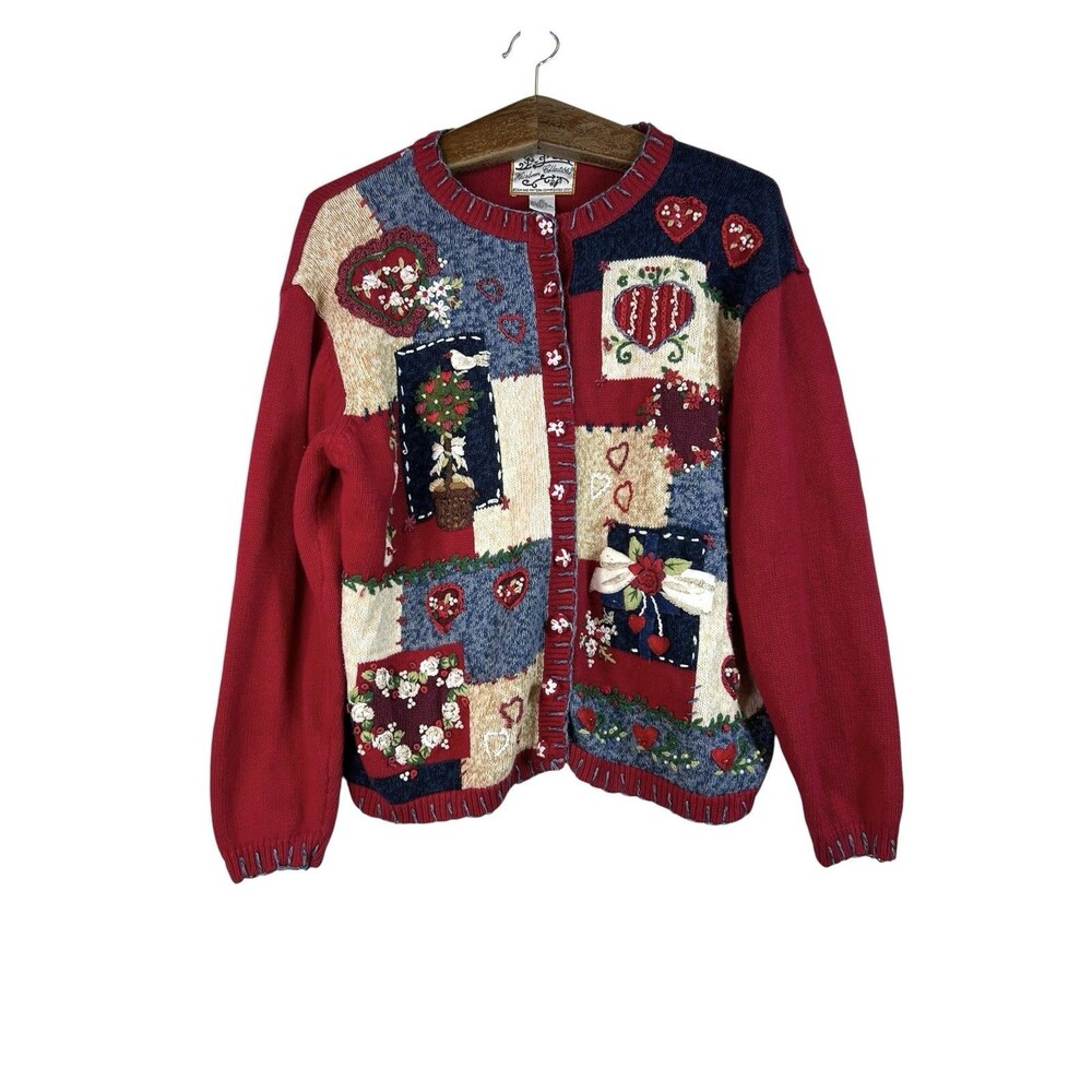Vintage Heirloom Collectibles Red Heart Patchwork Cardigan Sweater XL Valentine